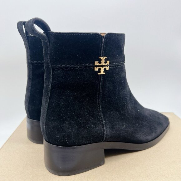 TORY BURCH Everly Ankle Boots Gold Logo Black Suede Side Zip US 7.5 $438 - Picture 6 of 11